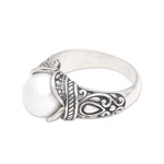 Cultured pearl cocktail ring, 'Luminous White Blossom' - Balinese Sterling Silver and Cultured Pearl Women's Ring