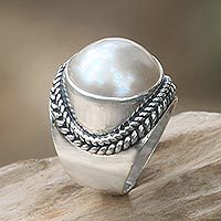 Cultured pearl cocktail ring, 'Luminous Embrace' - Balinese Cultured Pearl Sterling Silver Women's Ring