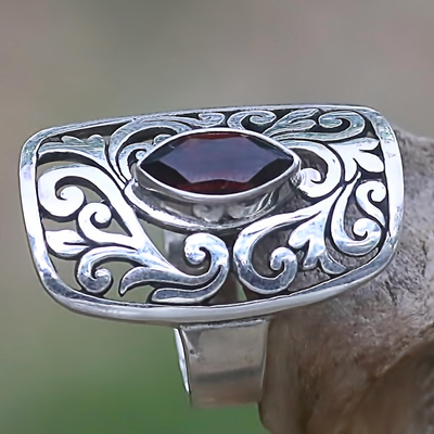 Garnet cocktail ring, 'Nature's Shield' - 925 Leaves on Sterling Silver Cocktail Ring with Garnet