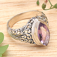 Amethyst cocktail ring, 'Gianyar Orchid' - Balinese Amethyst Cocktail Ring Crafted of Sterling Silver