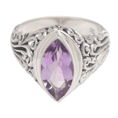 Amethyst cocktail ring, 'Gianyar Orchid' - Balinese Amethyst Cocktail Ring Crafted of Sterling Silver