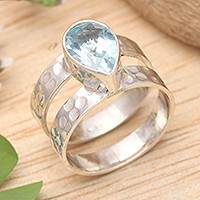 Anillo de cóctel con topacio azul - Anillo de cóctel de plata de ley y topacio azul elaborado artesanalmente