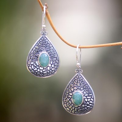 Aventurine dangle earrings, 'Sacred Lake' - Handcrafted Teardrop Silver Dangle Earrings with Aventurine