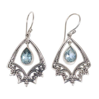 Blue topaz chandelier earrings, 'Precious Hope' - Balinese Silver Chandelier Hook Earrings with Blue Topaz