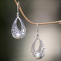 Cultured freshwater pearl dangle earrings, 'Sweet Forest Moonlight' - Sterling Silver Cultured Pearl Earrings with Cutout Motifs