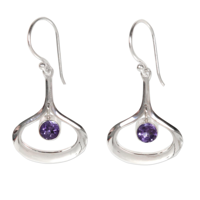 Amethyst dangle earrings, 'Raindrops' - Modern Minimalist Silver Dangle Earrings with Amethyst