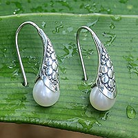 Cultured freshwater pearl drop earrings, 'White Love'