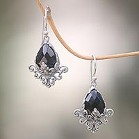 Onyx flower earrings, 'Maharani' - Sterling Silver Flower Hook Earrings with Faceted Onyx