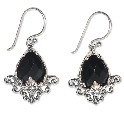 Sterling Silver Flower Hook Earrings with Faceted Onyx
