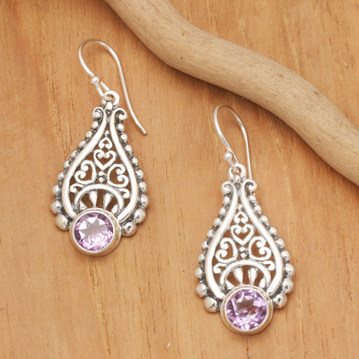 Amethyst dangle earrings, 'Tears of Happiness' - Lacy Amethyst Earrings Handcrafted with Sterling Silver