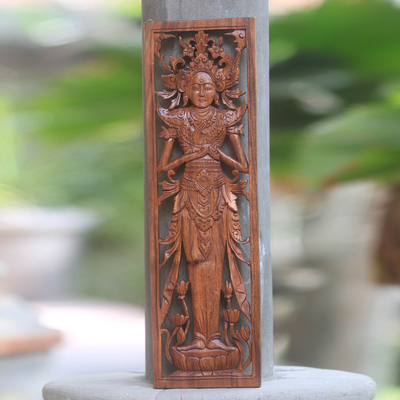 Wood relief panel, 'Rice Goddess Blessing' - Balinese Hand Carved Relief Panel of the Hindu Rice Goddess