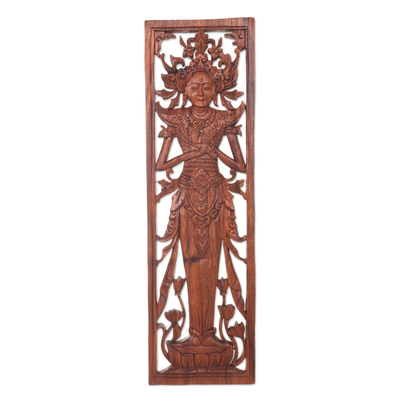 Wood relief panel, 'Rice Goddess Blessing' - Balinese Hand Carved Relief Panel of the Hindu Rice Goddess