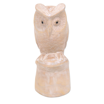 Wood statuette, 'Night Guardian' - Hand Carved Whitewashed Wood Owl Statuette from Bali