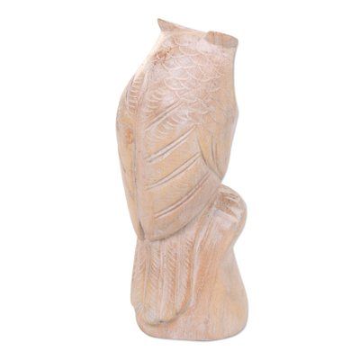 Wood statuette, 'Night Guardian' - Hand Carved Whitewashed Wood Owl Statuette from Bali