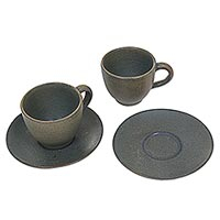 Tazas y platillos de cerámica, 'Memory' (par) - Tazas de té de cerámica hechas a mano con platillos en gris (par)