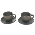 Ceramic cups and saucers, 'Memory' (pair) - Hand Crafted Ceramic Tea Cups with Saucers in Grey (Pair)
