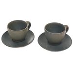 Ceramic cups and saucers, 'Memory' (pair) - Hand Crafted Ceramic Tea Cups with Saucers in Grey (Pair)