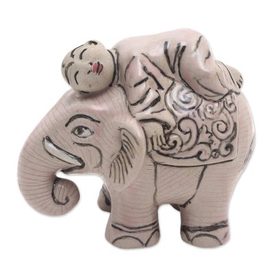 Ceramic statuette, 'Elephant Love' - Artisan Crafted Elephant and Monk Ceramic Statuette
