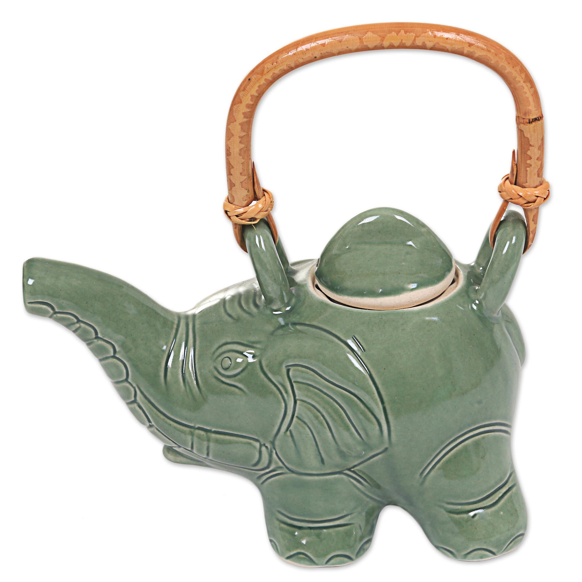Artisan Crafted Ceramic Elephant Teapot with Rattan Handle Cute