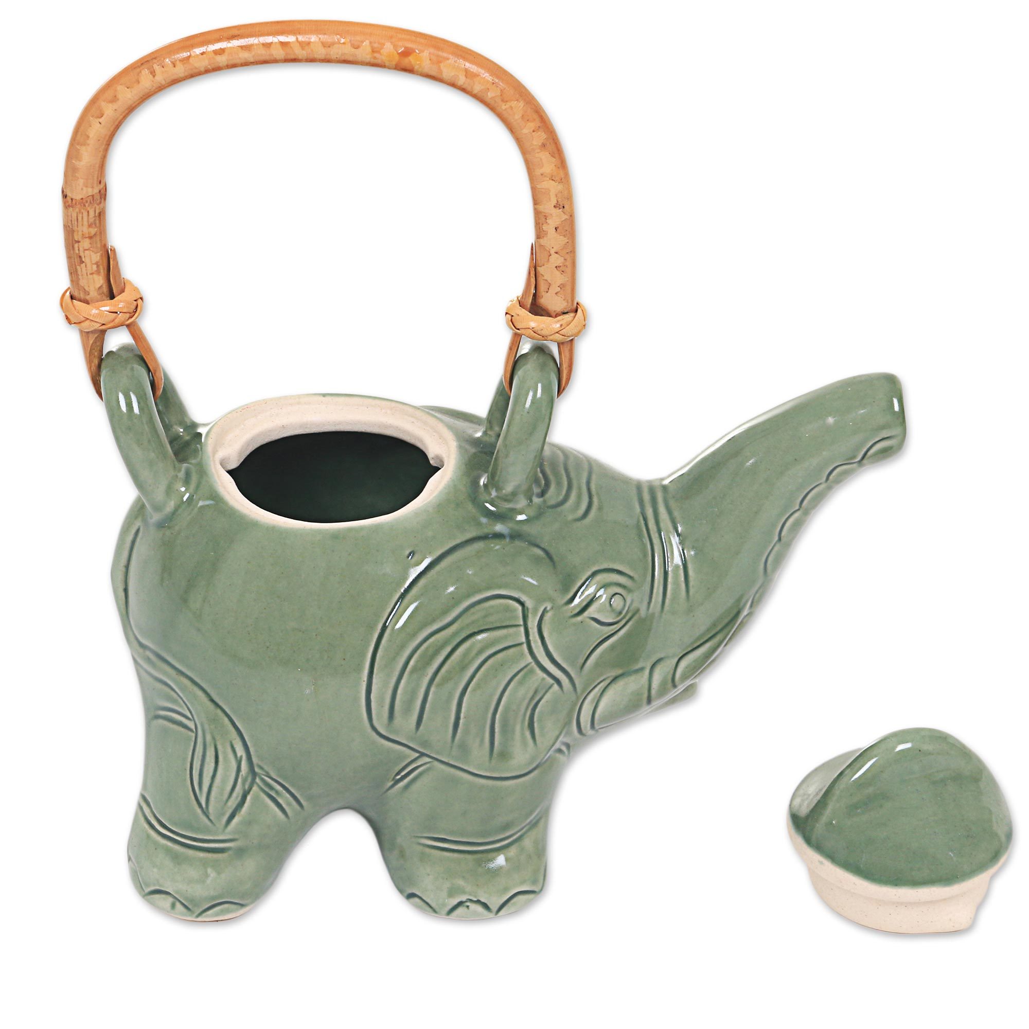 Artisan Crafted Ceramic Elephant Teapot with Rattan Handle Cute
