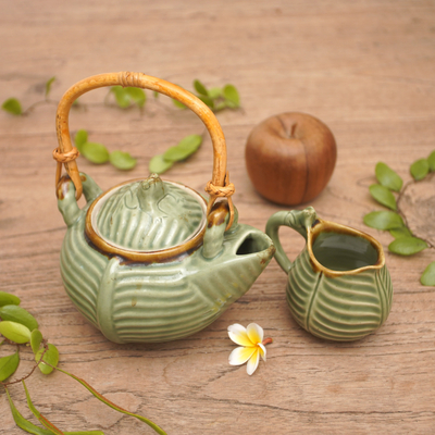 Ceramic tea pot set, 'Little Toad on a Banana Leaf' - Artisan Crafted Ceramic Tea Pot Set with Toad and Leaf Motif