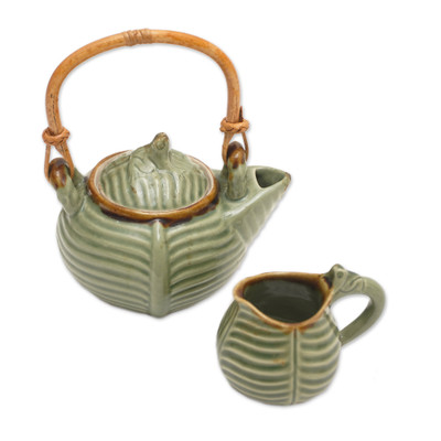 Ceramic tea pot set, 'Little Toad on a Banana Leaf' - Artisan Crafted Ceramic Tea Pot Set with Toad and Leaf Motif