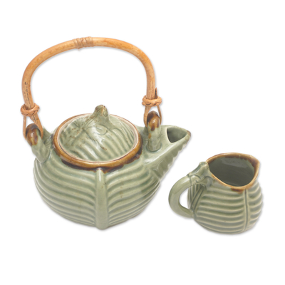 Ceramic tea pot set, 'Little Toad on a Banana Leaf' - Artisan Crafted Ceramic Tea Pot Set with Toad and Leaf Motif