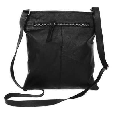 Leather shoulder bag, 'Reign of Jogja' - Versatile Black Leather Shoulder Bag with Multi Pockets