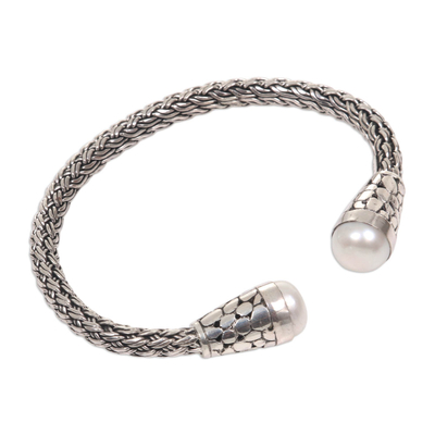 Cultured pearl cuff bracelet, 'Cotton Puff' - Balinese Sterling Silver Cuff Bracelet with Cultured Pearls