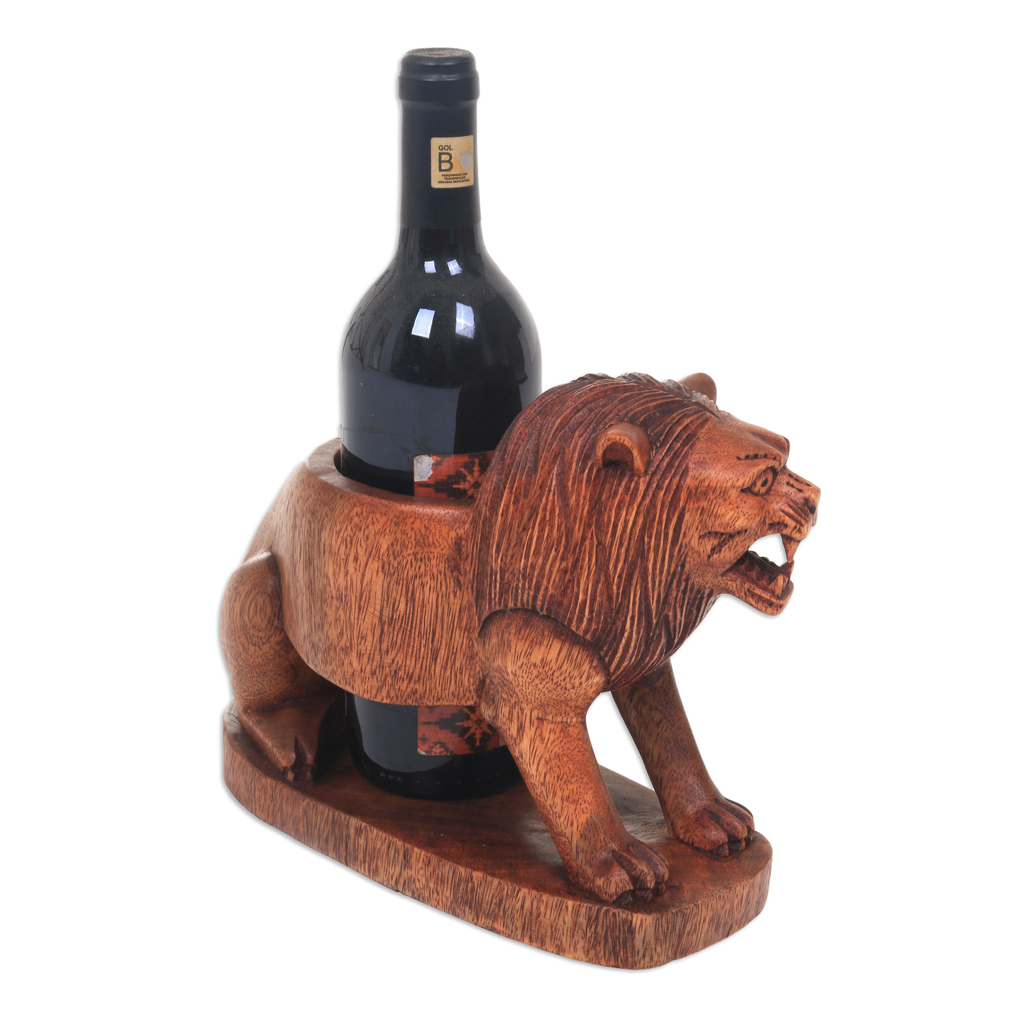 Hand-Carved Suar Wood Lion Wine Bottle Holder from Bali - Great Lion ...