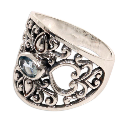 Blue topaz band ring, 'Garden of Empathy' - Blue Topaz and Silver Heart Band Ring
