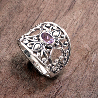Amethyst band ring, 'Garden of Mystique' - 925 Silver Heart Band Ring with Amethyst Fair Trade Jewelry