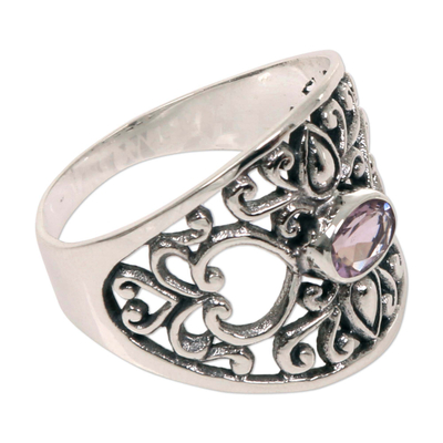 Amethyst band ring, 'Garden of Mystique' - 925 Silver Heart Band Ring with Amethyst Fair Trade Jewelry