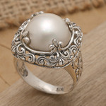 Cultured mabe pearl cocktail ring, 'White Lunar' - Mabe Pearl and Sterling Silver Floral Motif Cocktail Ring