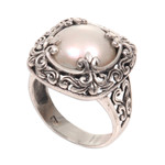 Cultured mabe pearl cocktail ring, 'White Lunar' - Mabe Pearl and Sterling Silver Floral Motif Cocktail Ring