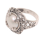 Cultured mabe pearl cocktail ring, 'White Lunar' - Mabe Pearl and Sterling Silver Floral Motif Cocktail Ring