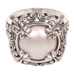 Cultured mabe pearl cocktail ring, 'White Lunar' - Mabe Pearl and Sterling Silver Floral Motif Cocktail Ring