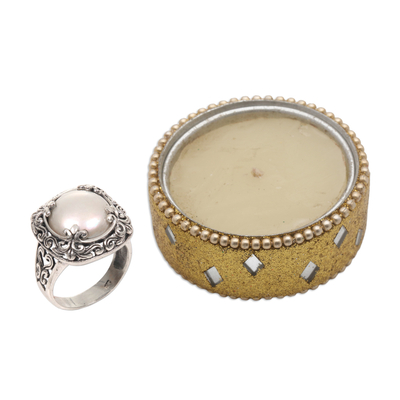 Cultured mabe pearl cocktail ring, 'White Lunar' - Mabe Pearl and Sterling Silver Floral Motif Cocktail Ring