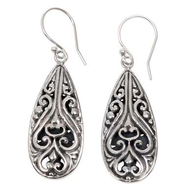 Sterling silver dangle earrings, 'Bali Fern Labyrinth' - Handcrafted Balinese Sterling Silver Hook Earrings