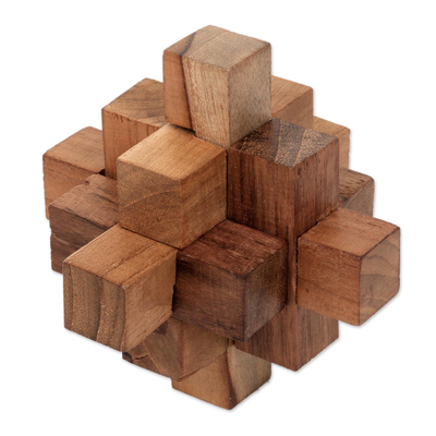 Rompecabezas de madera de teca, 'Challenge' - Rompecabezas de madera de teca reciclada hecho a mano de Java