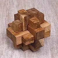 Teakholz-Puzzle, „Don't Forget“ – handgefertigtes, javanesisches Puzzle aus recyceltem Teakholz