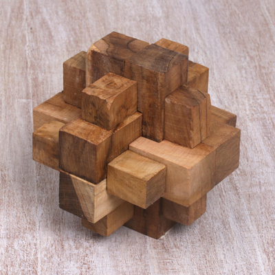 Teak wood puzzle, 'Don't Forget' - Javanese Artisan Crafted Recycled Teak Wood Puzzle