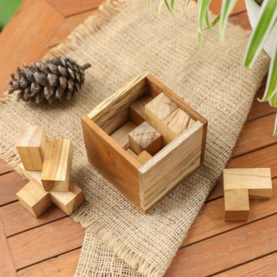 Recycled teakwood puzzle, 'Magic Box' - Artisan Crafted Upcycled Teak Wood Puzzle from Java