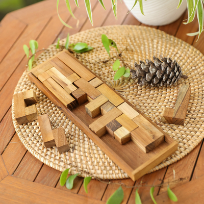 Teak wood puzzle, 'Tray of Fun' - Hand Crafted Recycled Teak Wood Puzzle from Java
