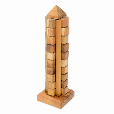 Recycled teakwood puzzle, 'Tower' - Handmade Javanese Recycled Teak Wood Desktop Puzzle