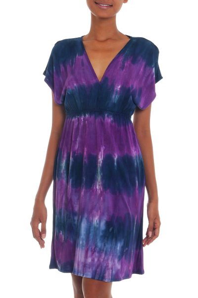 Rayon blend dress, 'Twilight Amlapura' - Mid Length Tie Dyed Rayon Blend Dress in Lilac and Indigo