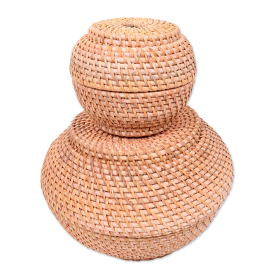 Natural fiber baskets, 'Sangayu' (pair) - Natural Fiber Hand Woven Lidded Basket Pair from Indonesia