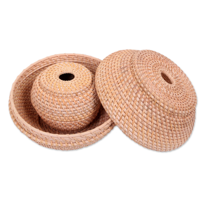 Natural fiber baskets, 'Sangayu' (pair) - Natural Fiber Hand Woven Lidded Basket Pair from Indonesia