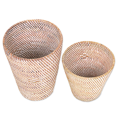 Ate grass baskets, 'Sembalun' (pair) - Set of Two Ate Grass and Bamboo Stalk Indonesian Baskets