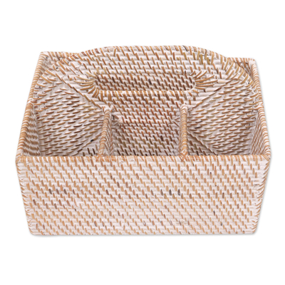 Natural fiber caddie basket, 'Lombok Picnic' - Handwoven Natural Fiber Caddie Basket from Bali